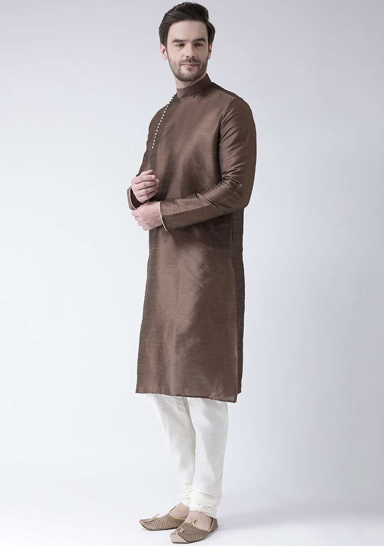 Brown Embroidery Sequins Work Dupion Silk Blend Kurta Set For Men - Indya