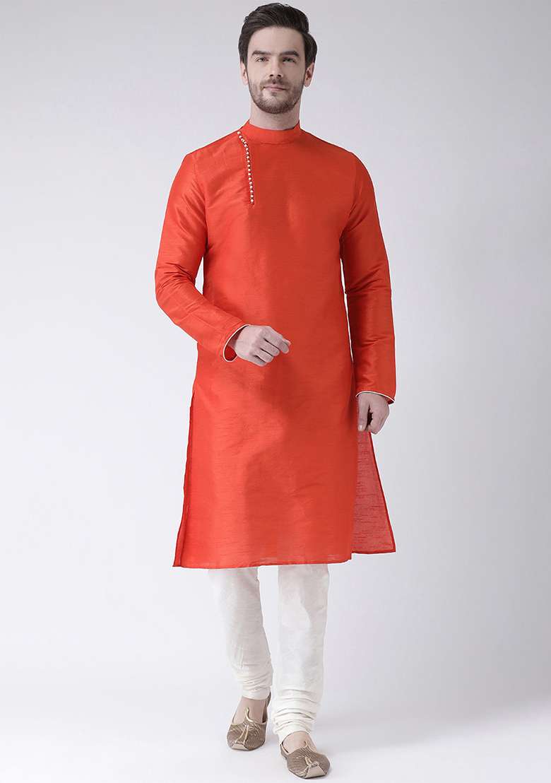 Rust Orange Embroidery Sequins Work Dupion Silk Blend Kurta Set For Men - Indya
