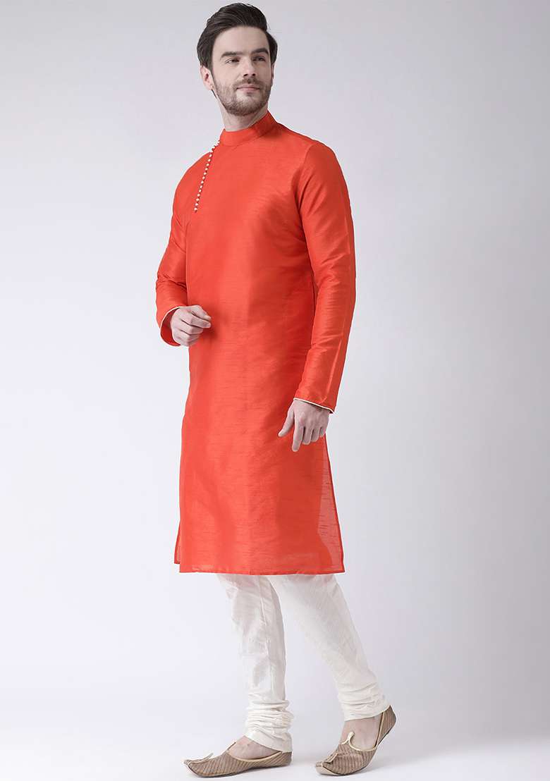 Rust Orange Embroidery Sequins Work Dupion Silk Blend Kurta Set For Men - Indya