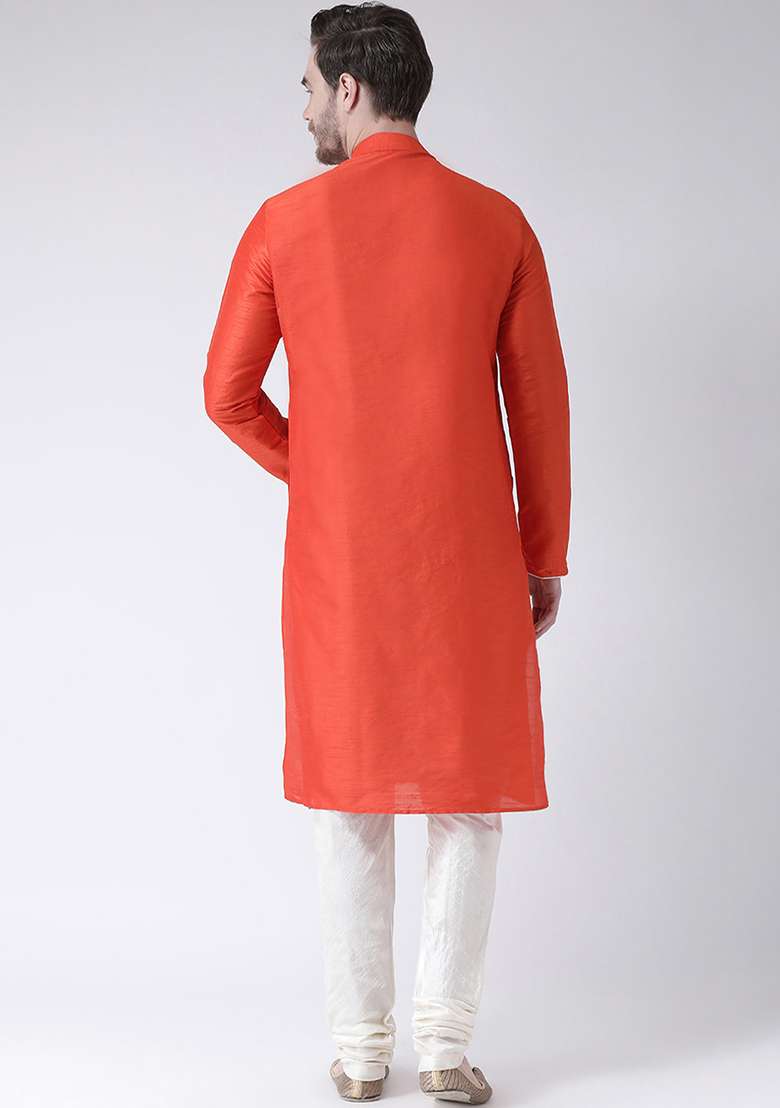 Rust Orange Embroidery Sequins Work Dupion Silk Blend Kurta Set For Men - Indya
