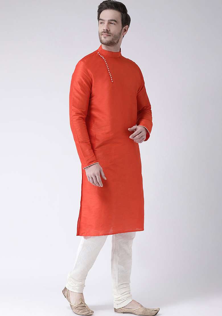 Rust Orange Embroidery Sequins Work Dupion Silk Blend Kurta Set For Men - Indya