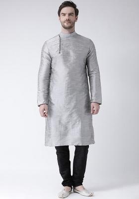 Grey Embroidery Sequins Work Dupion Silk Blend Kurta Set For Men