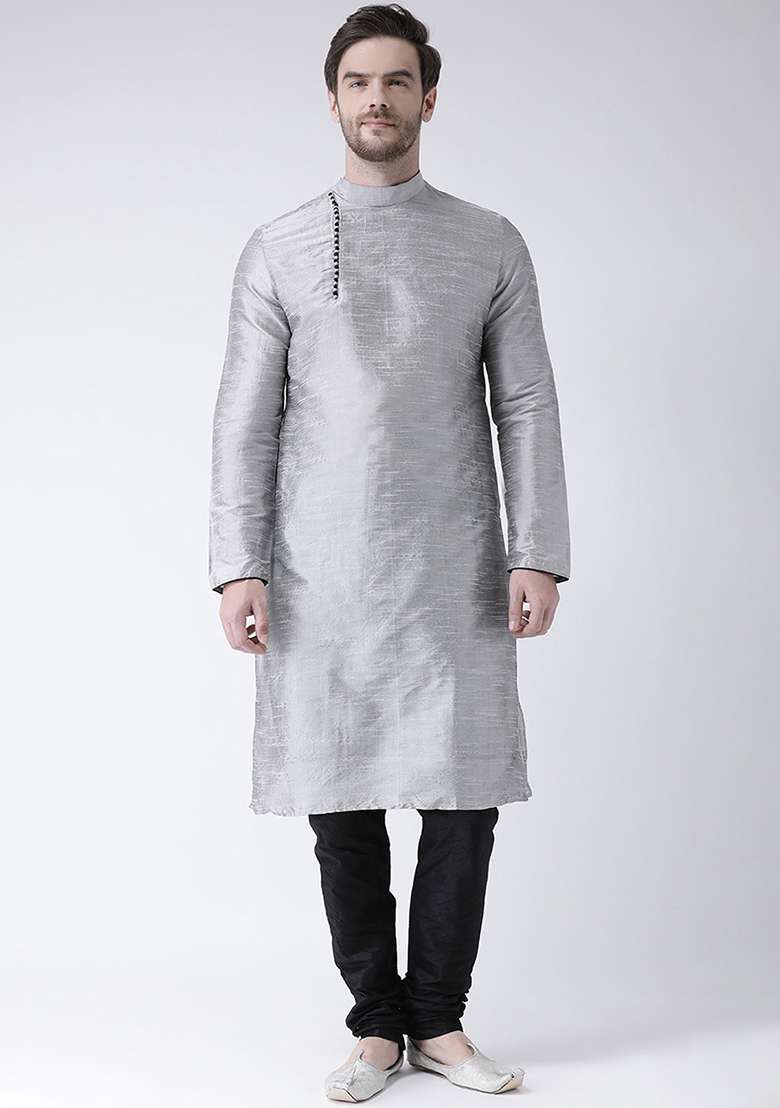 Grey Embroidery Sequins Work Dupion Silk Blend Kurta Set For Men - Indya