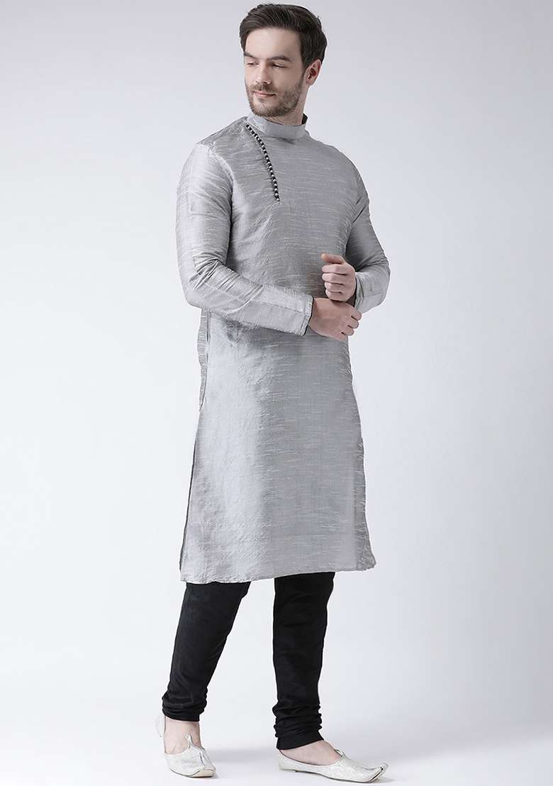Grey Embroidery Sequins Work Dupion Silk Blend Kurta Set For Men - Indya