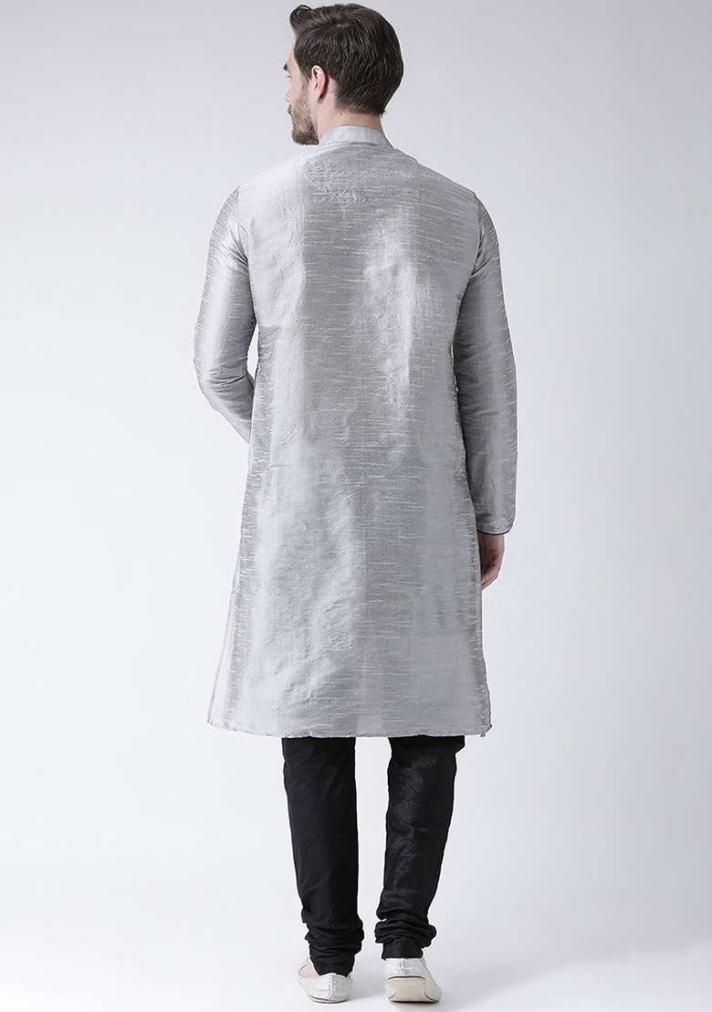 Grey Embroidery Sequins Work Dupion Silk Blend Kurta Set For Men - Indya