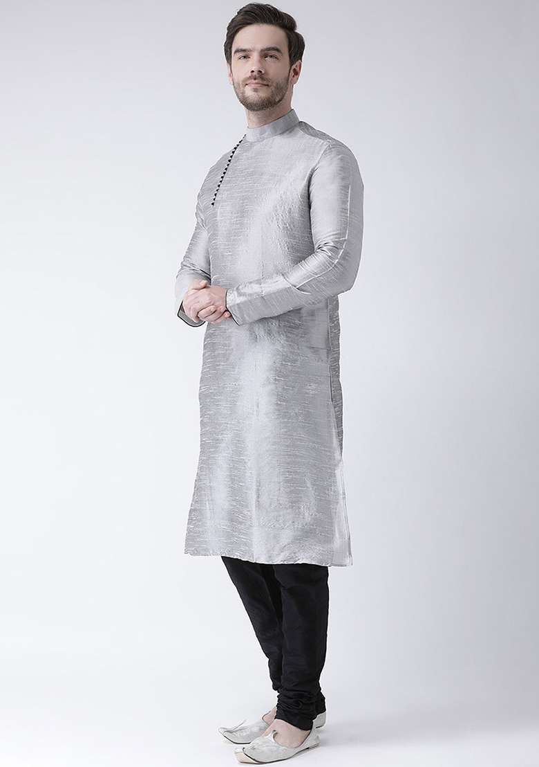 Grey Embroidery Sequins Work Dupion Silk Blend Kurta Set For Men - Indya