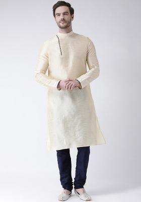 Cream Embroidery Sequins Work Dupion Silk Blend Kurta Set For Men