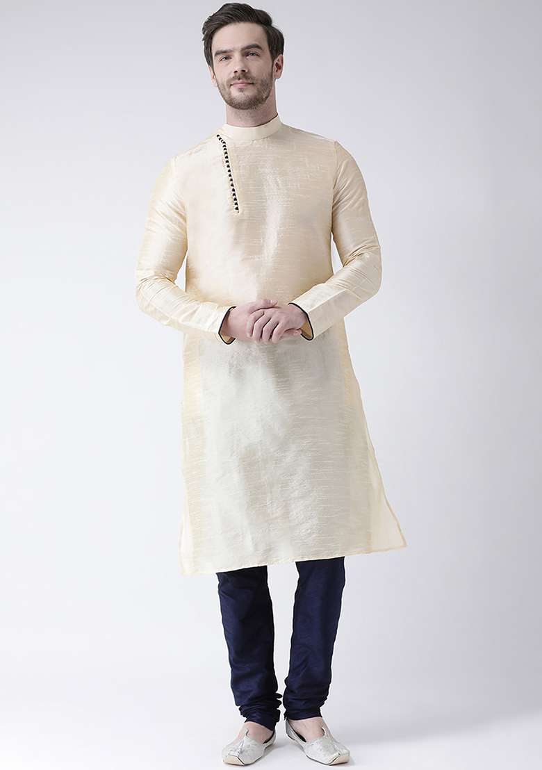 Cream Embroidery Sequins Work Dupion Silk Blend Kurta Set For Men - Indya