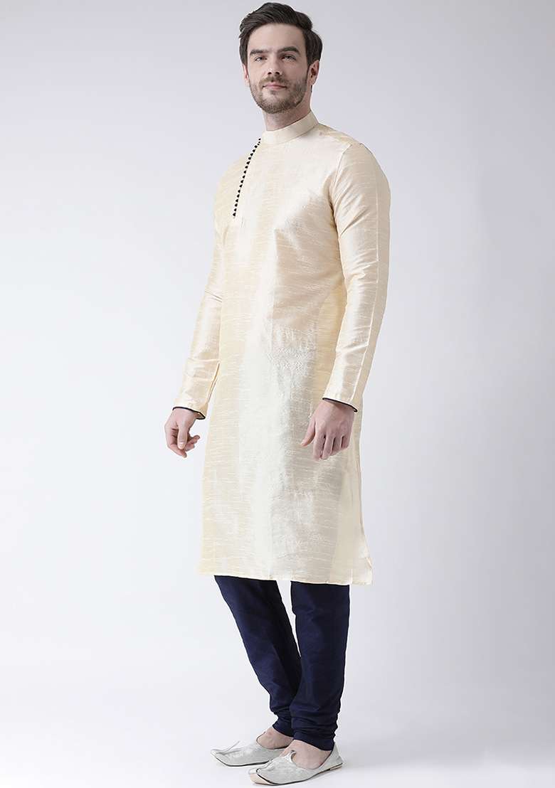 Cream Embroidery Sequins Work Dupion Silk Blend Kurta Set For Men - Indya