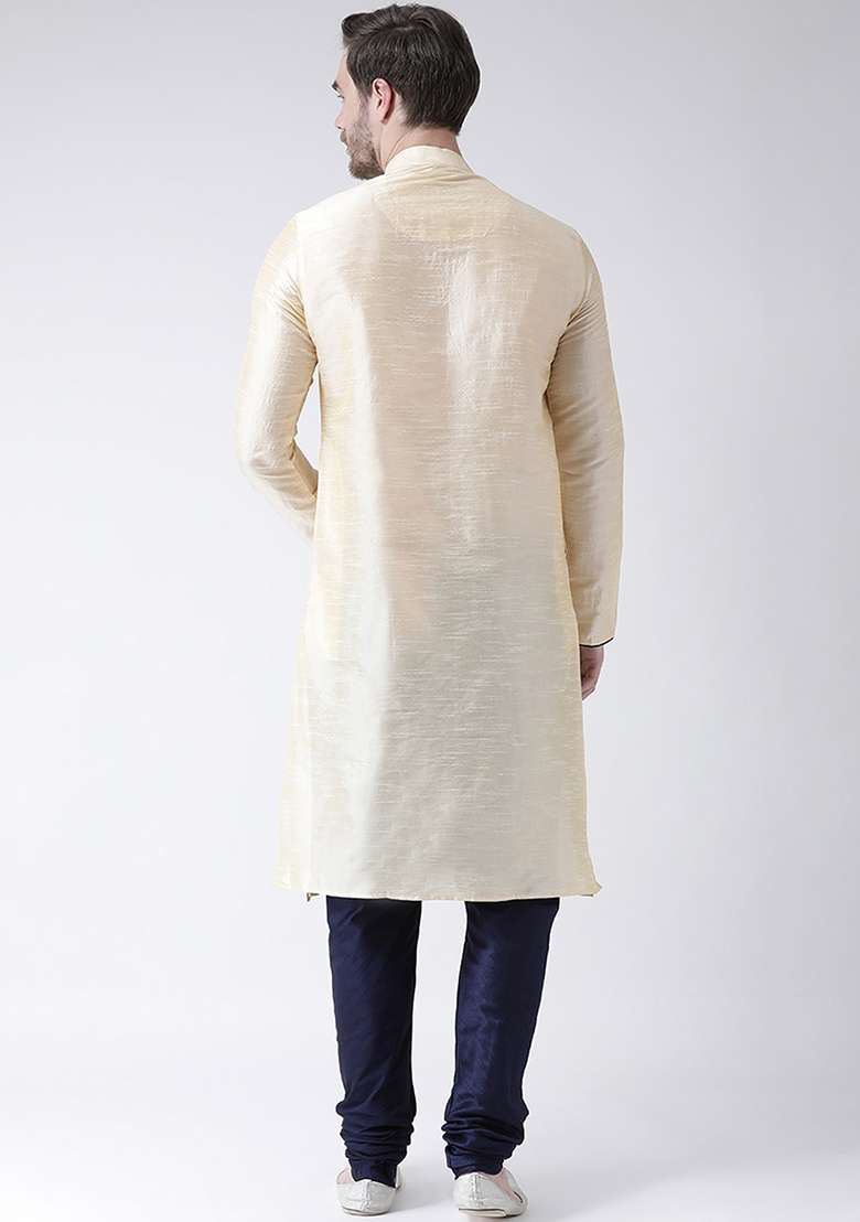 Cream Embroidery Sequins Work Dupion Silk Blend Kurta Set For Men - Indya