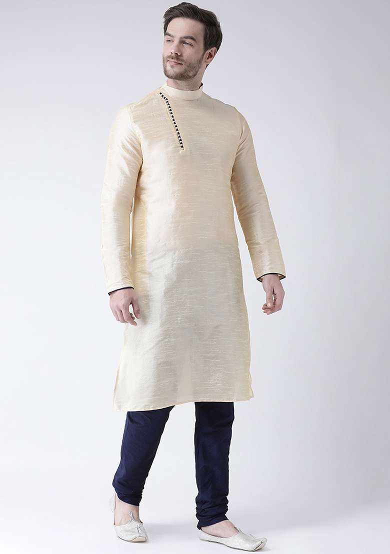 Cream Embroidery Sequins Work Dupion Silk Blend Kurta Set For Men - Indya