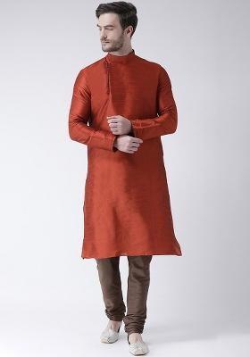 Rust Orange Embroidery Sequins Work Dupion Silk Kurta Set For Men