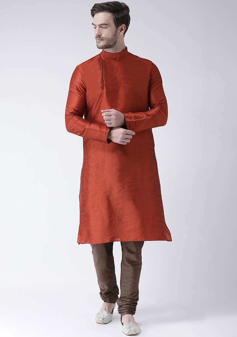 Rust Orange Embroidery Sequins Work Dupion Silk Blend Kurta Set For Men - Indya