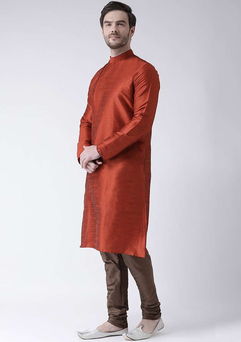 Rust Orange Embroidery Sequins Work Dupion Silk Blend Kurta Set For Men - Indya