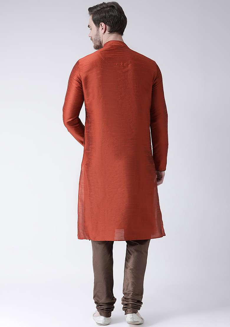 Rust Orange Embroidery Sequins Work Dupion Silk Blend Kurta Set For Men - Indya