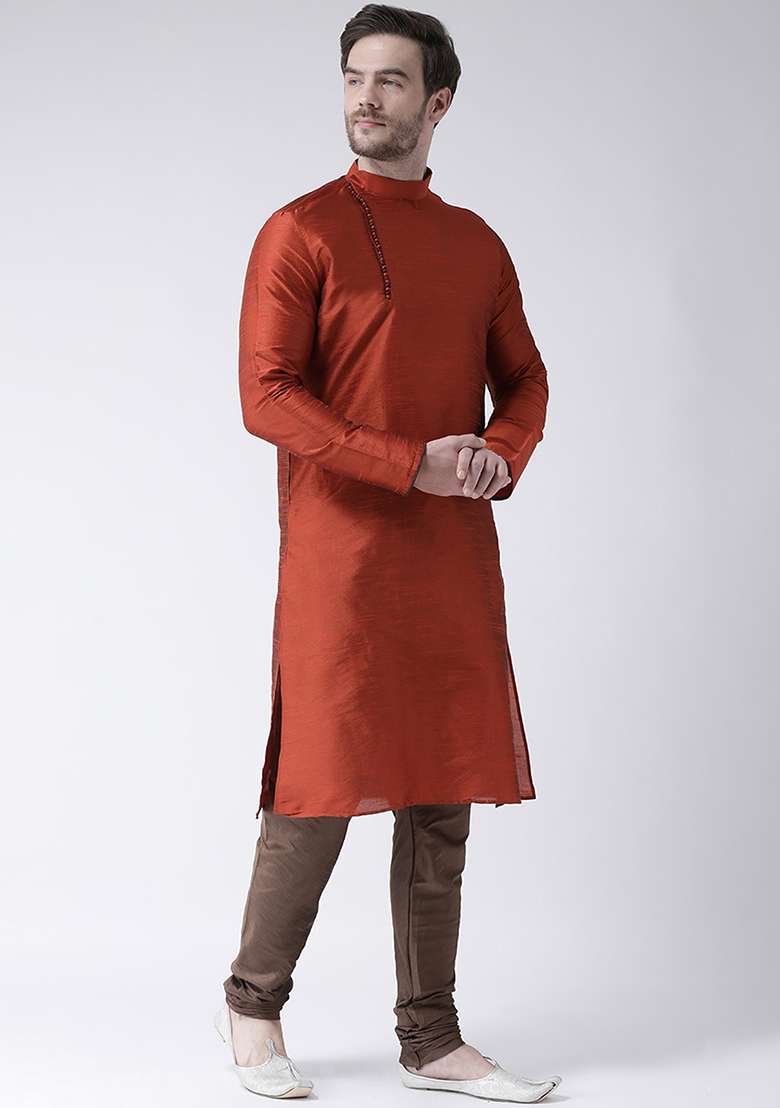 Rust Orange Embroidery Sequins Work Dupion Silk Blend Kurta Set For Men - Indya