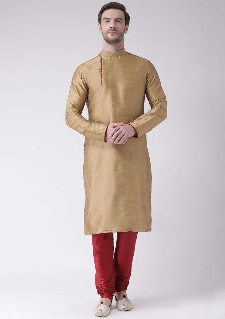 Golden Embroidery Sequins Work Dupion Silk Blend Kurta Set For Men - Indya