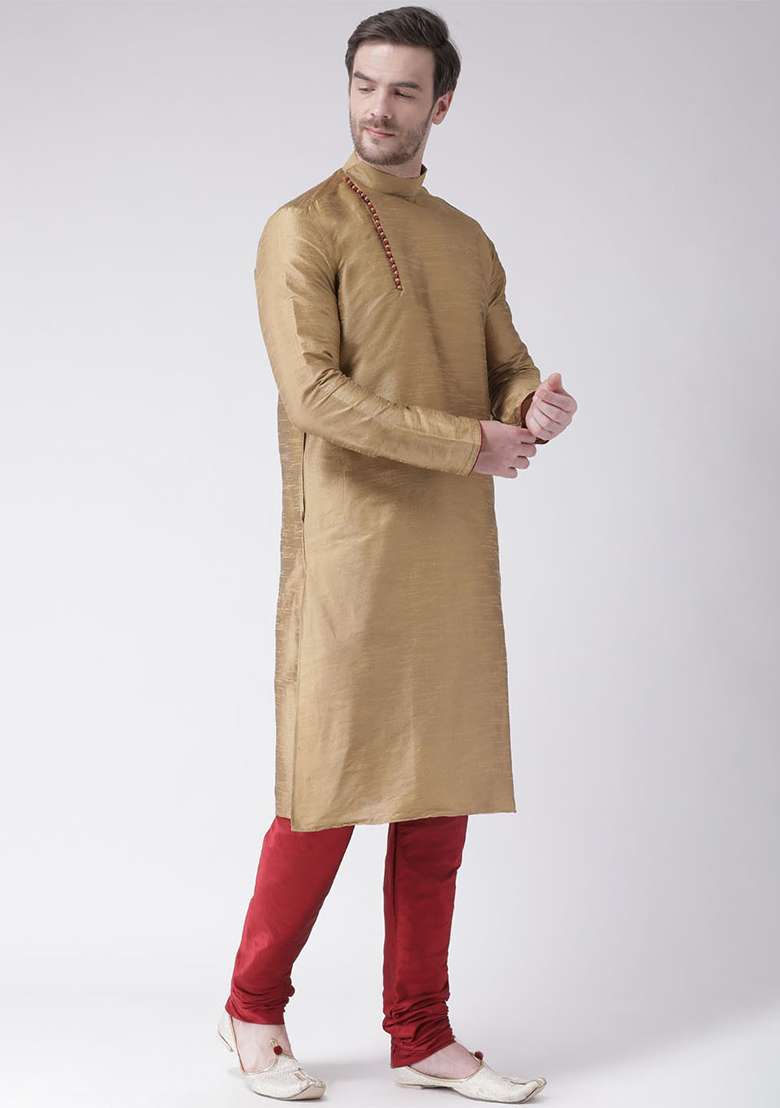 Golden Embroidery Sequins Work Dupion Silk Blend Kurta Set For Men - Indya