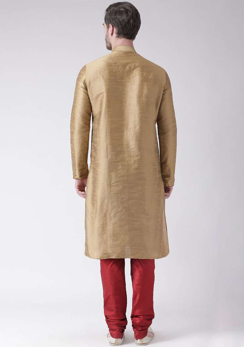 Golden Embroidery Sequins Work Dupion Silk Blend Kurta Set For Men - Indya