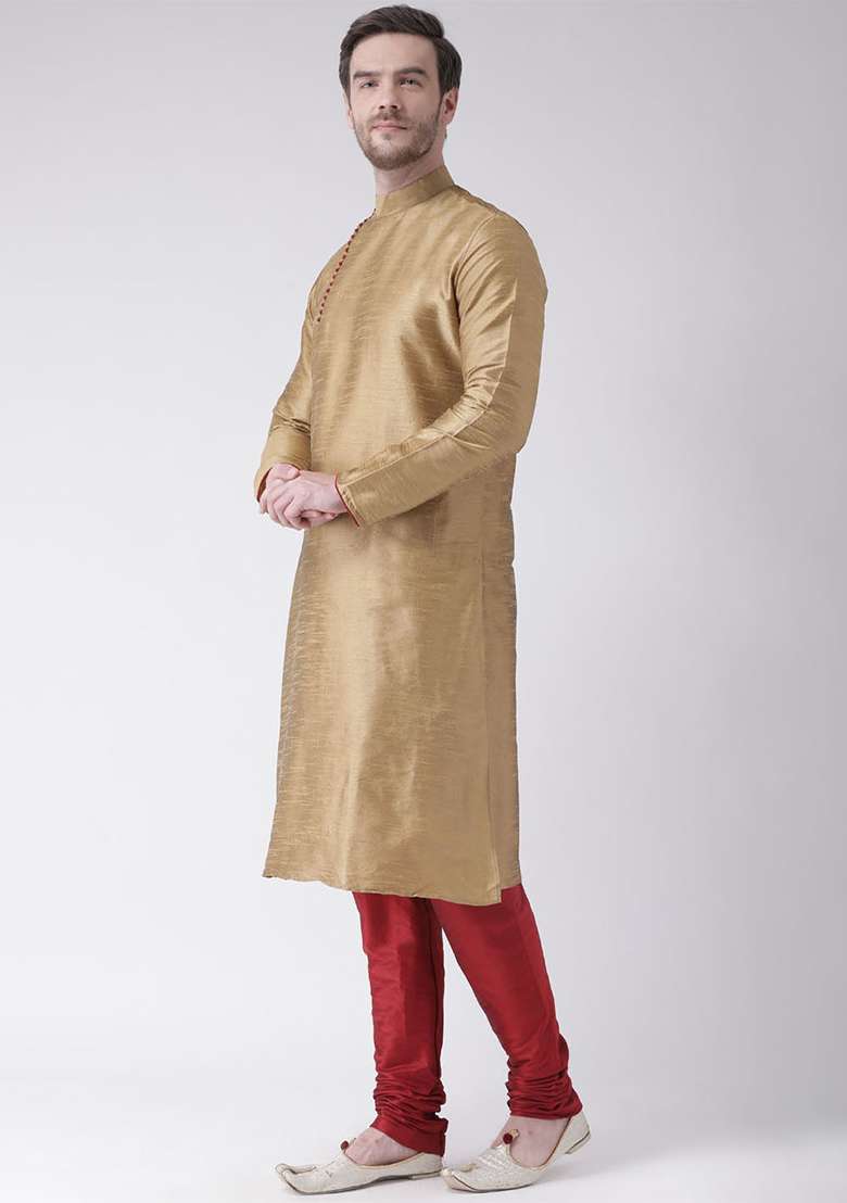 Golden Embroidery Sequins Work Dupion Silk Blend Kurta Set For Men - Indya
