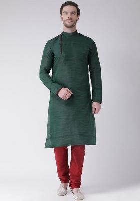 Green Embroidery Sequins Work Dupion Silk Kurta Set For Men