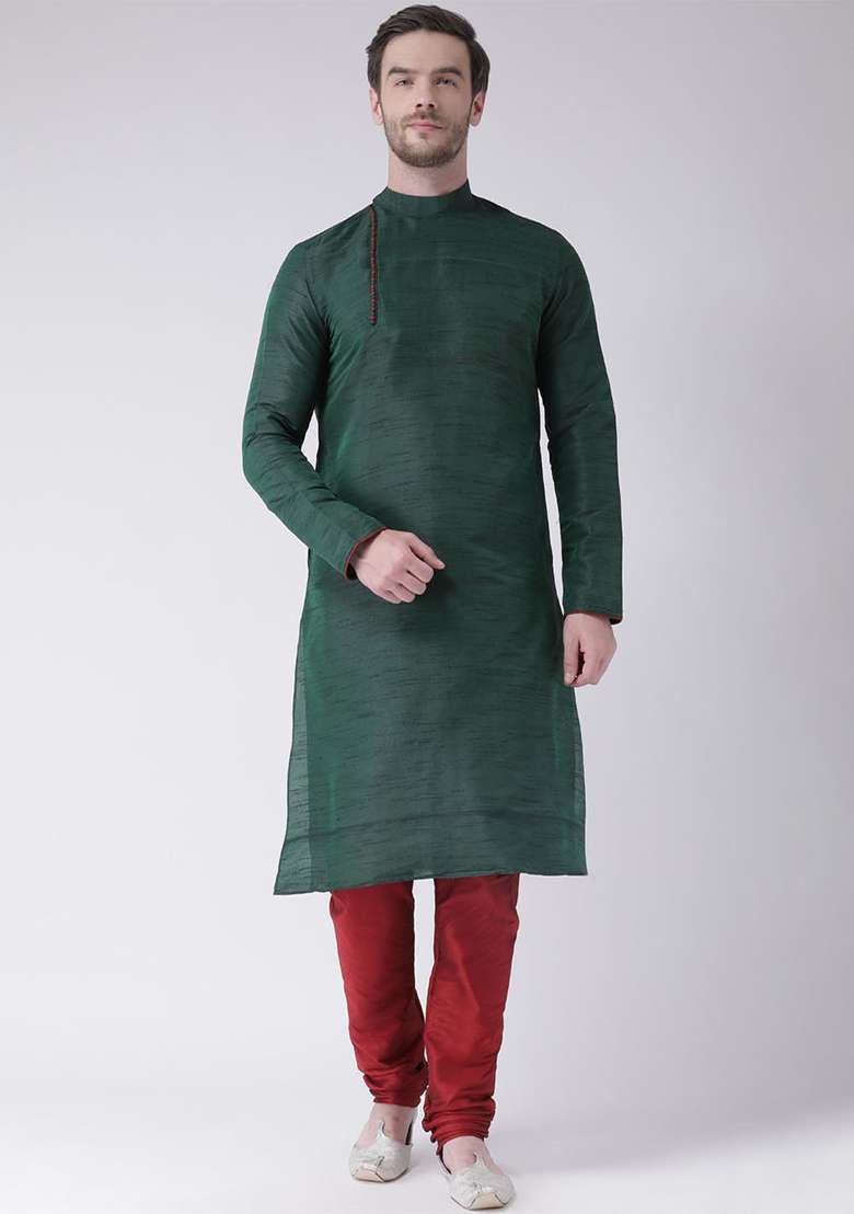 Green Embroidery Sequins Work Dupion Silk Blend Kurta Set For Men - Indya