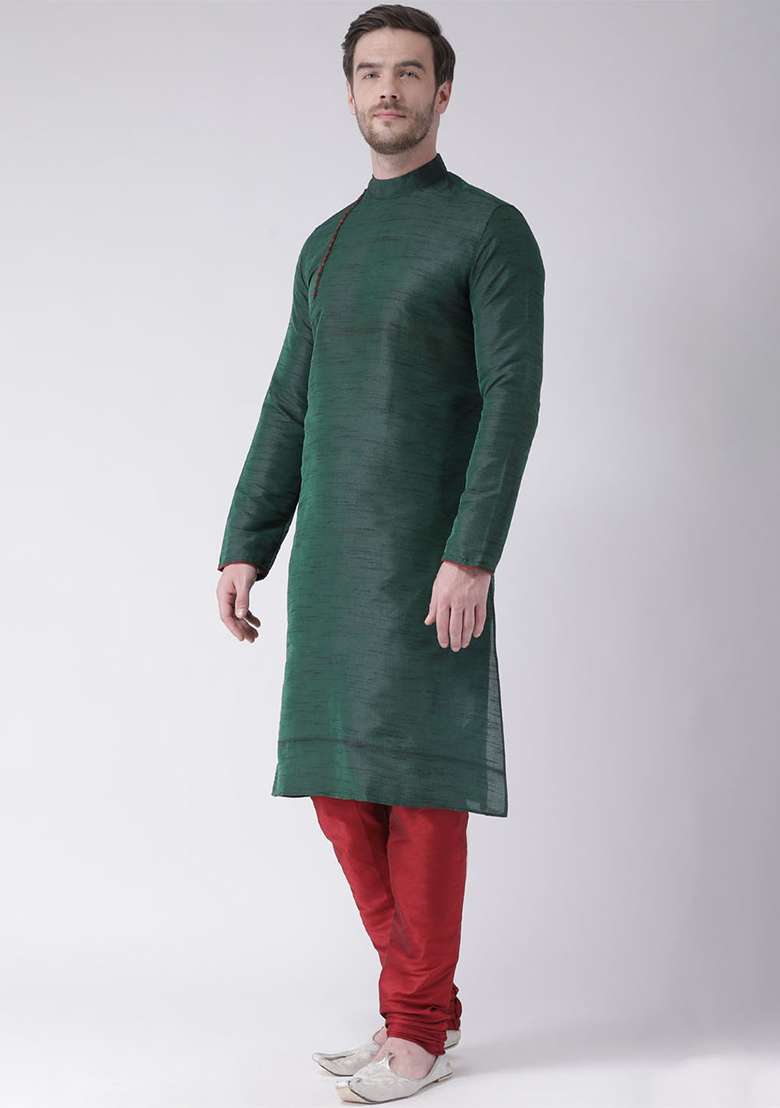 Green Embroidery Sequins Work Dupion Silk Blend Kurta Set For Men - Indya
