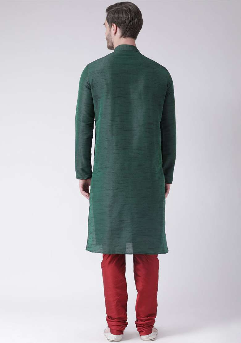 Green Embroidery Sequins Work Dupion Silk Blend Kurta Set For Men - Indya