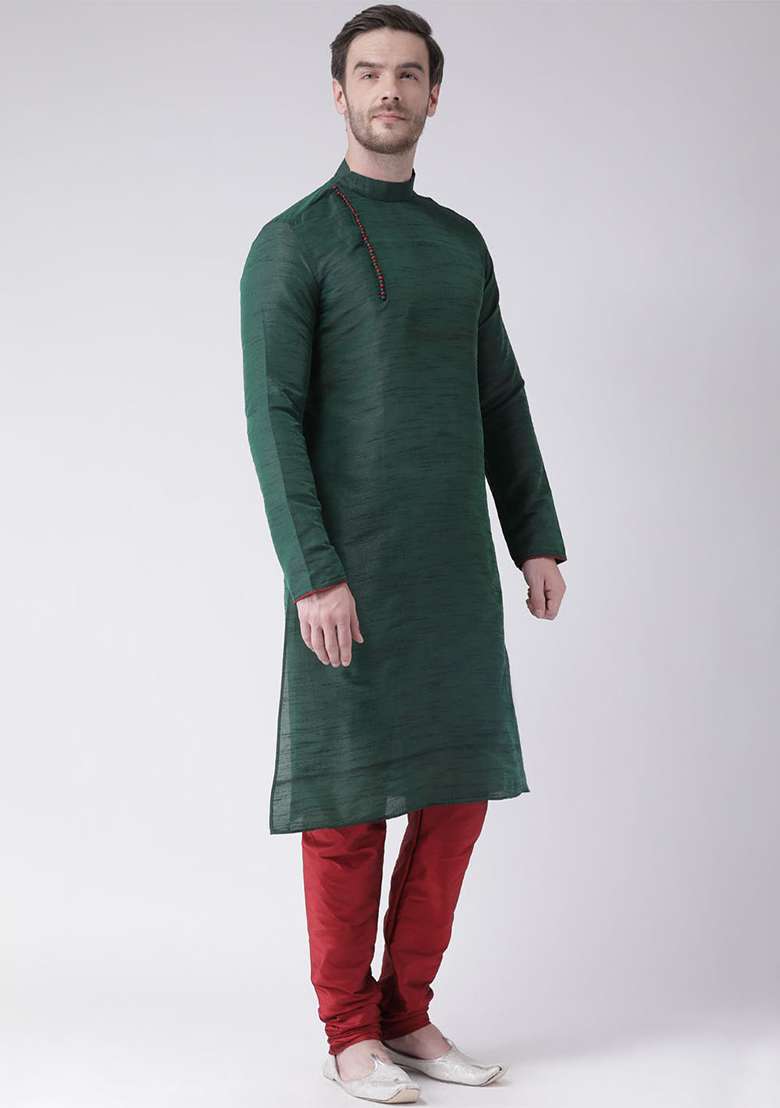 Green Embroidery Sequins Work Dupion Silk Blend Kurta Set For Men - Indya