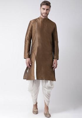 Brown Embroidery Sequins Work Dupion Silk Kurta Set For Men