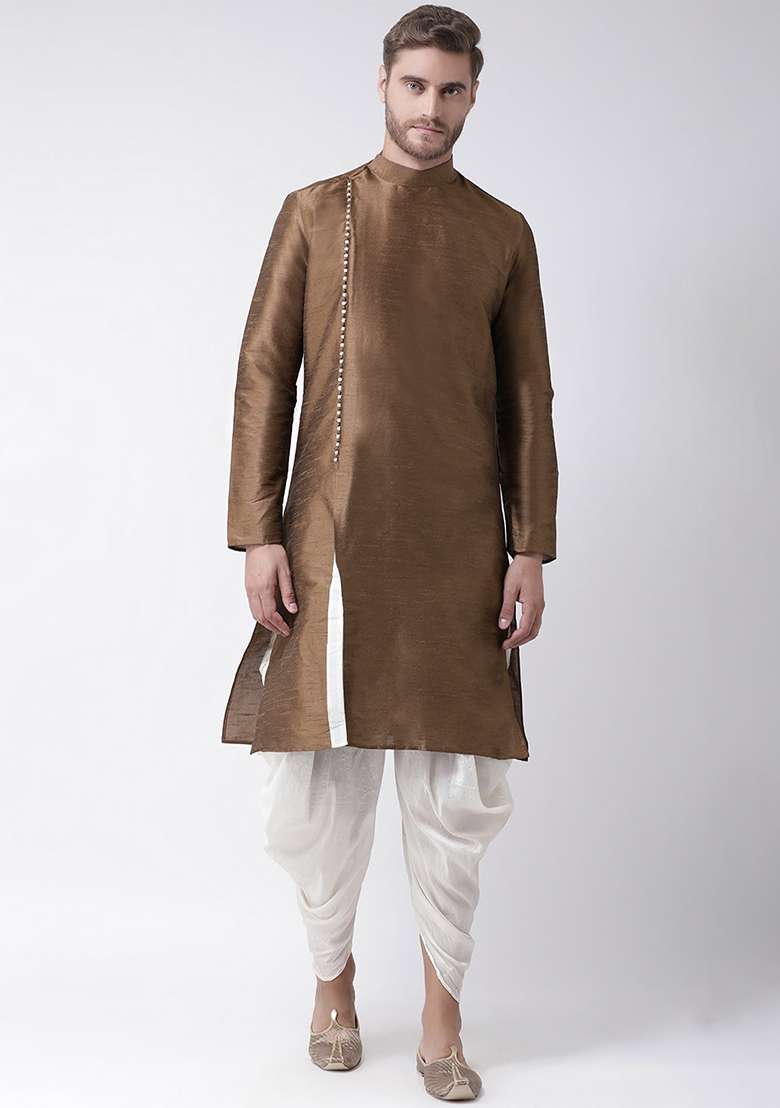 Brown Embroidery Sequins Work Dupion Silk Blend Kurta Set For Men - Indya