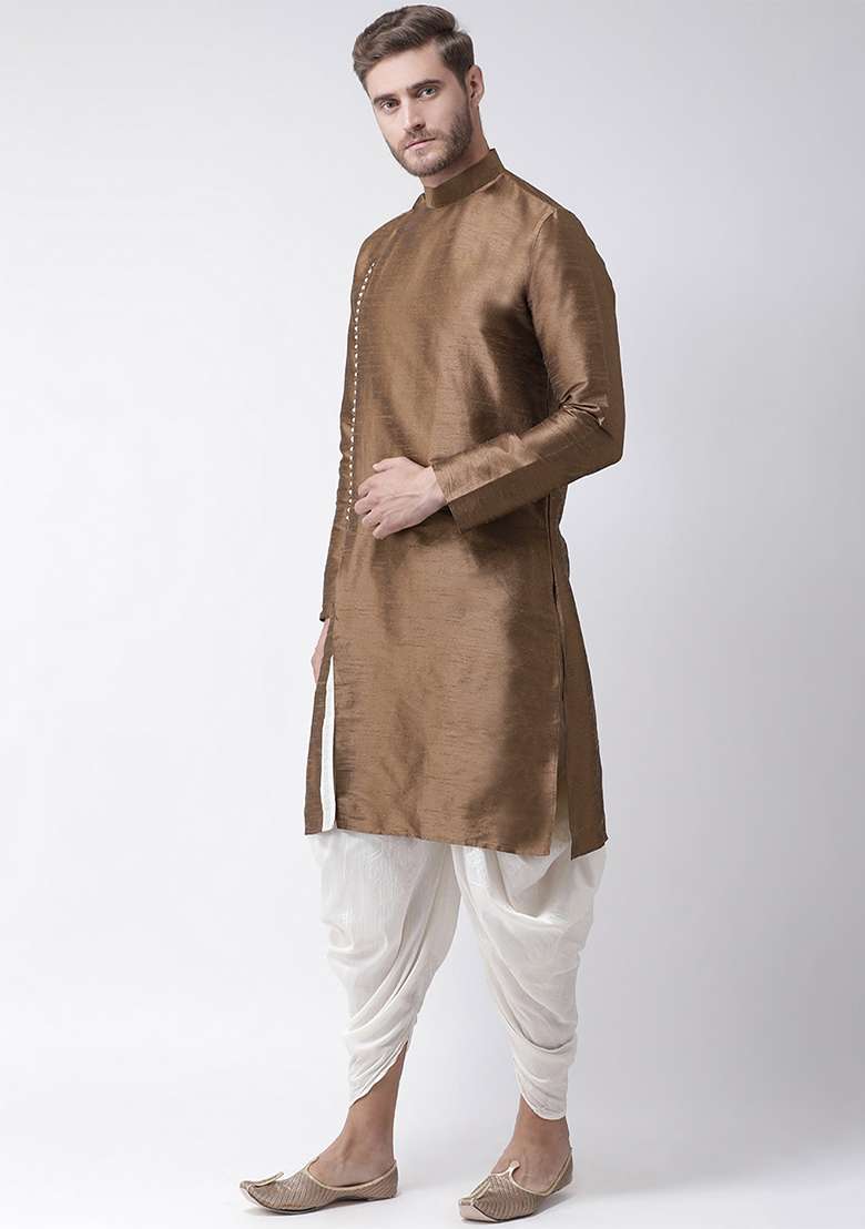 Brown Embroidery Sequins Work Dupion Silk Blend Kurta Set For Men - Indya