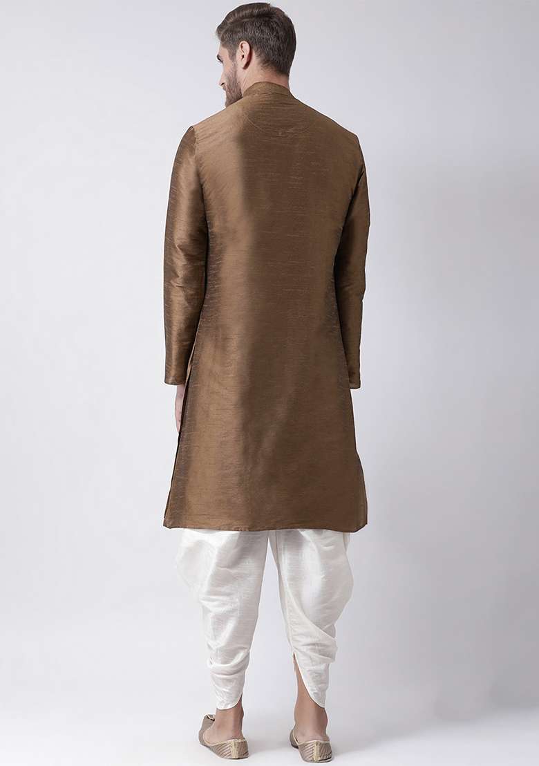 Brown Embroidery Sequins Work Dupion Silk Blend Kurta Set For Men - Indya