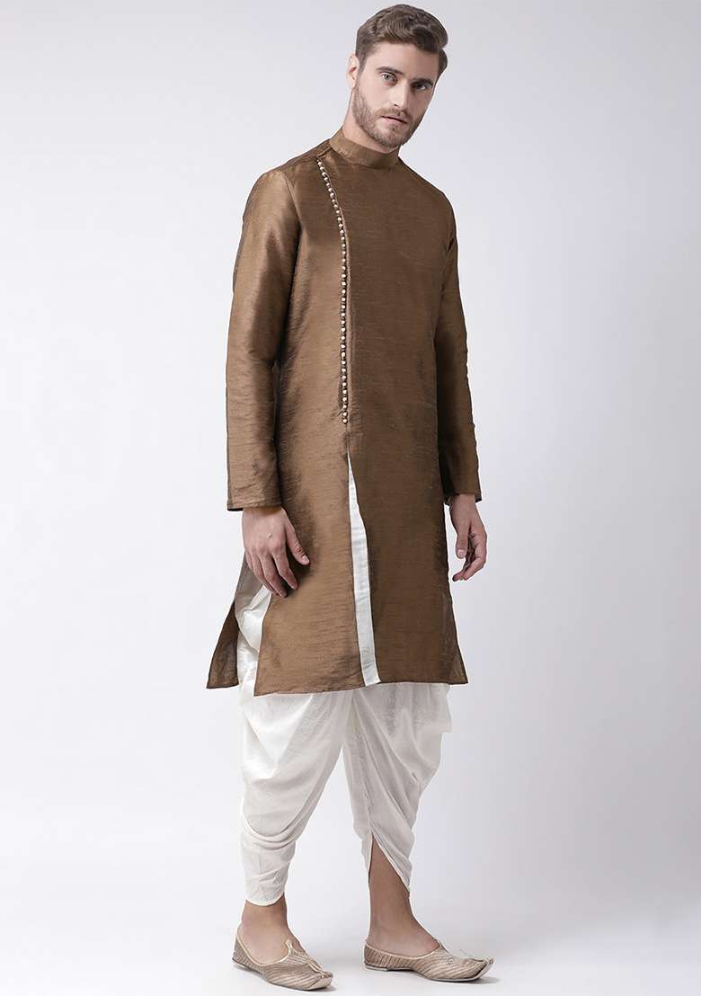 Brown Embroidery Sequins Work Dupion Silk Blend Kurta Set For Men - Indya
