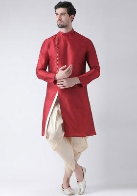 Red Embroidery Sequins Work Dupion Silk Blend Kurta Set For Men