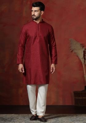 Red Embroidery Bangalorian Silk Kurta Pyjama Set For Men
