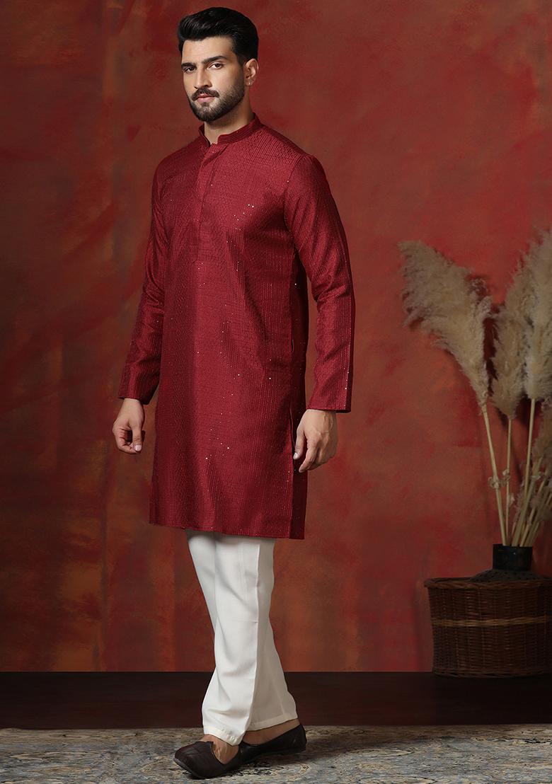 Red Embroidery Bangalorian Silk Kurta Pyjama Set For Men - Indya