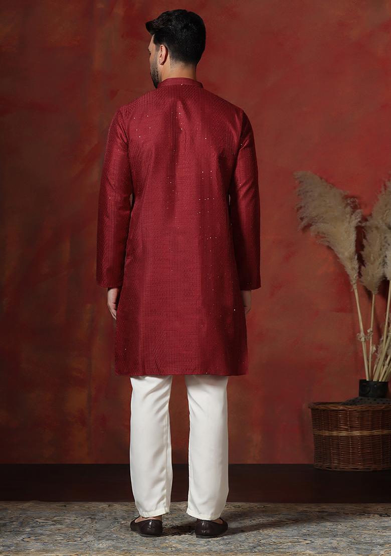 Red Embroidery Bangalorian Silk Kurta For Men