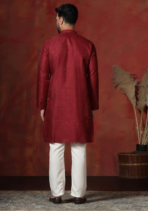 Red Embroidery Bangalorian Silk Kurta For Men
