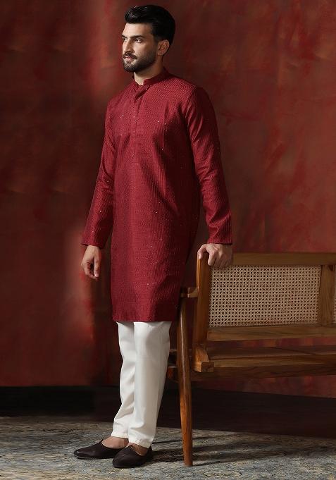 Red Embroidery Bangalorian Silk Kurta For Men