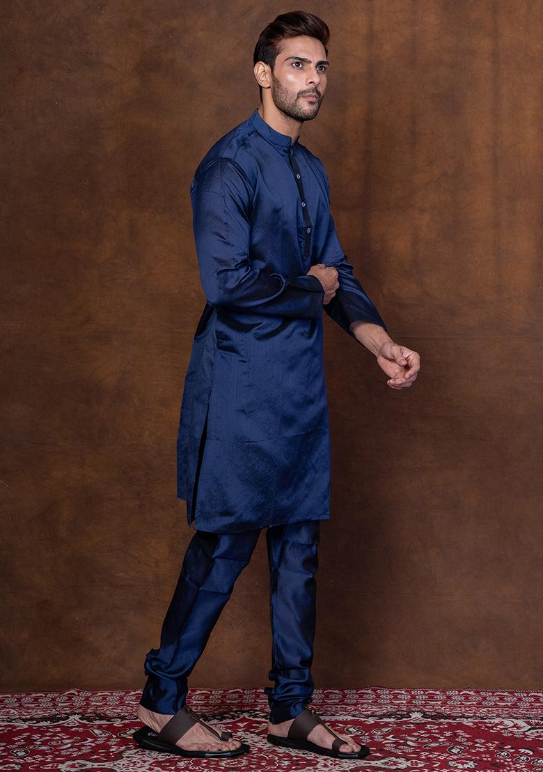 Blue Solid Dupion Kurta Churidar Set For Men - Indya