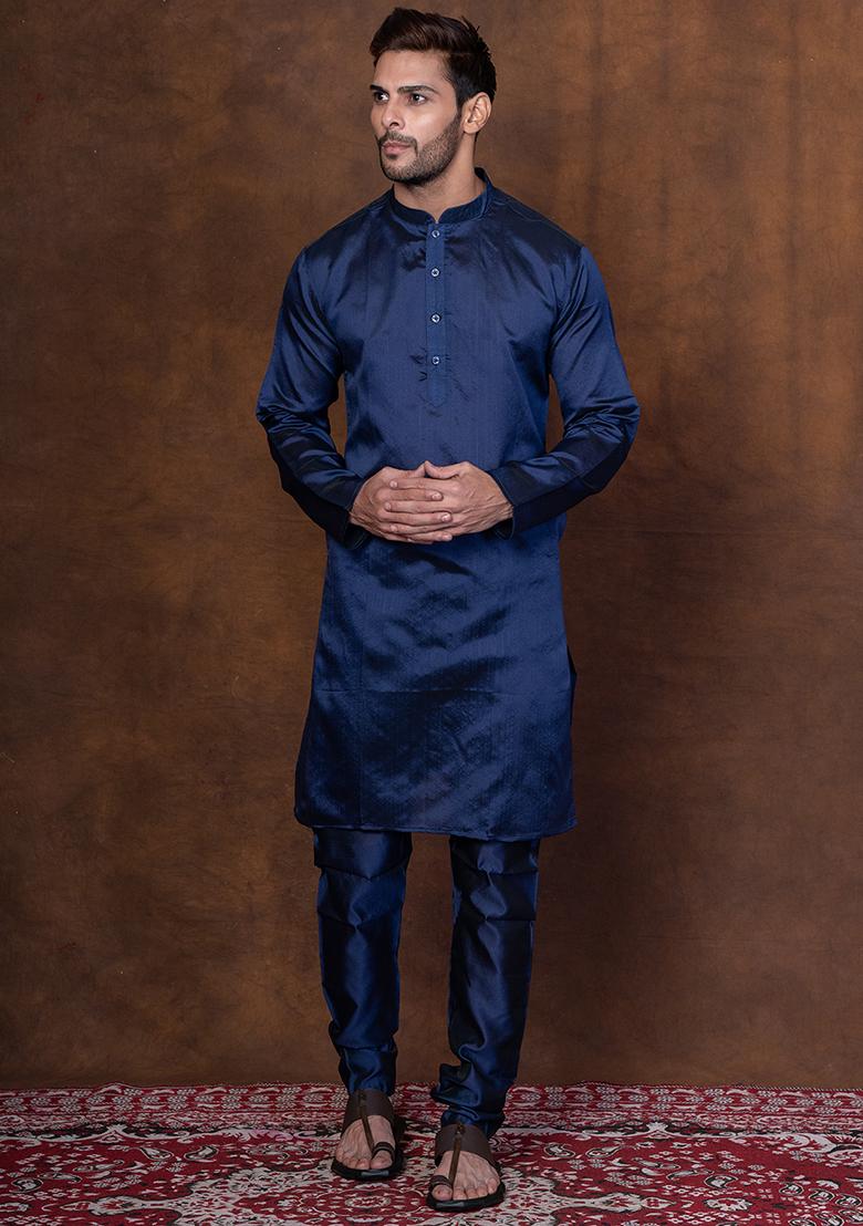 Blue Solid Dupion Kurta Churidar Set For Men - Indya
