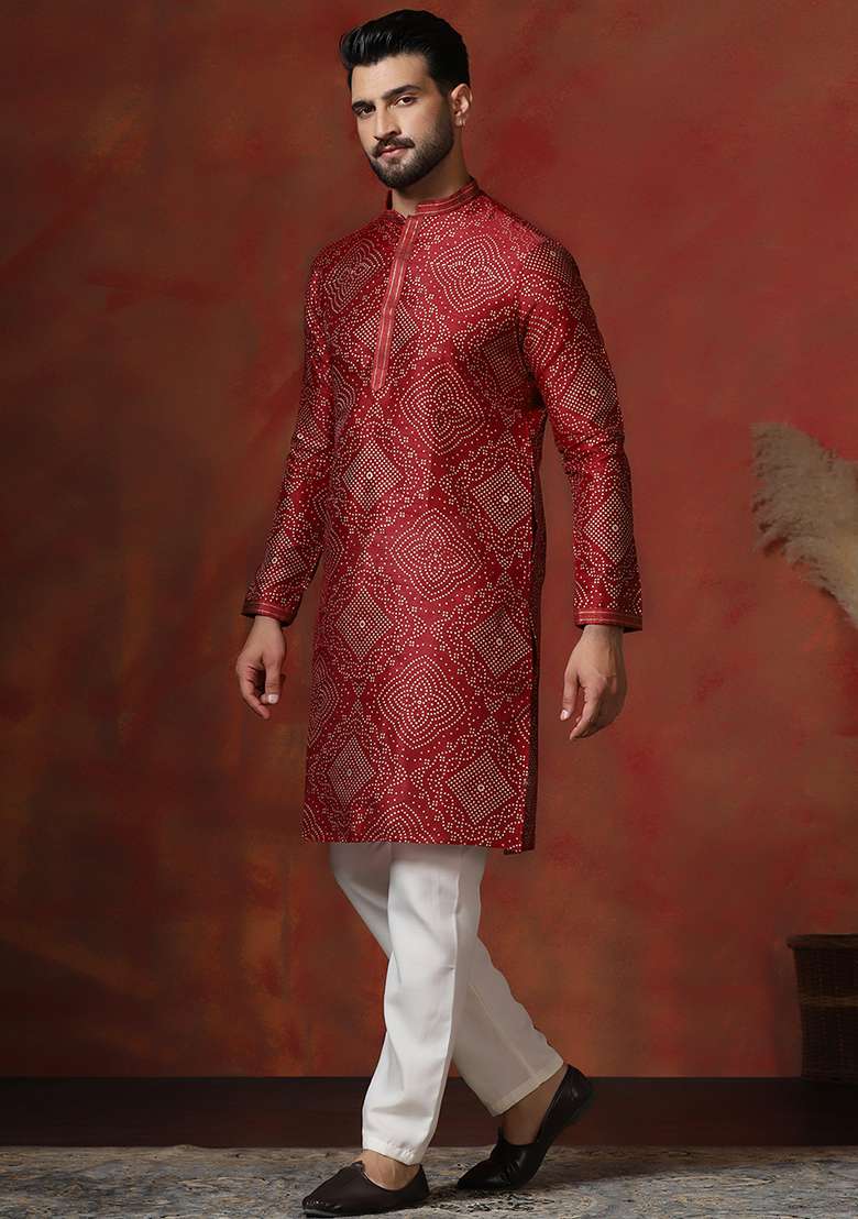 Red Printed Dupion Kurta For Men - Indya