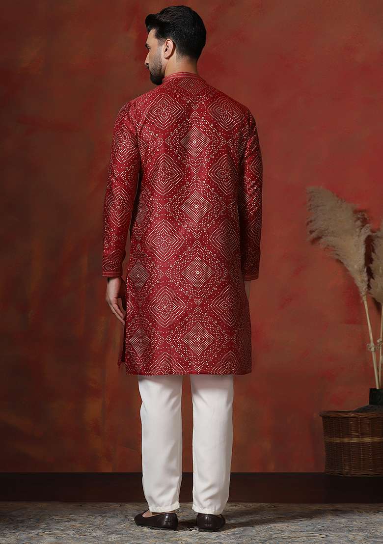 Red Printed Dupion Kurta For Men - Indya