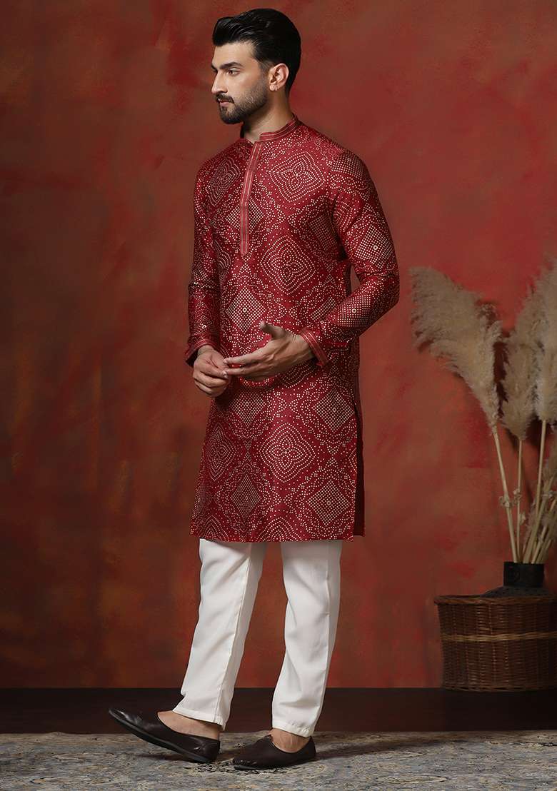 Red Printed Dupion Kurta For Men - Indya