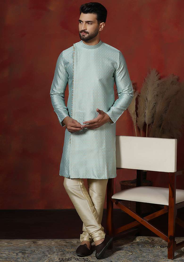 Sky Blue Printed Cotton Blend Kurta For Men - Indya