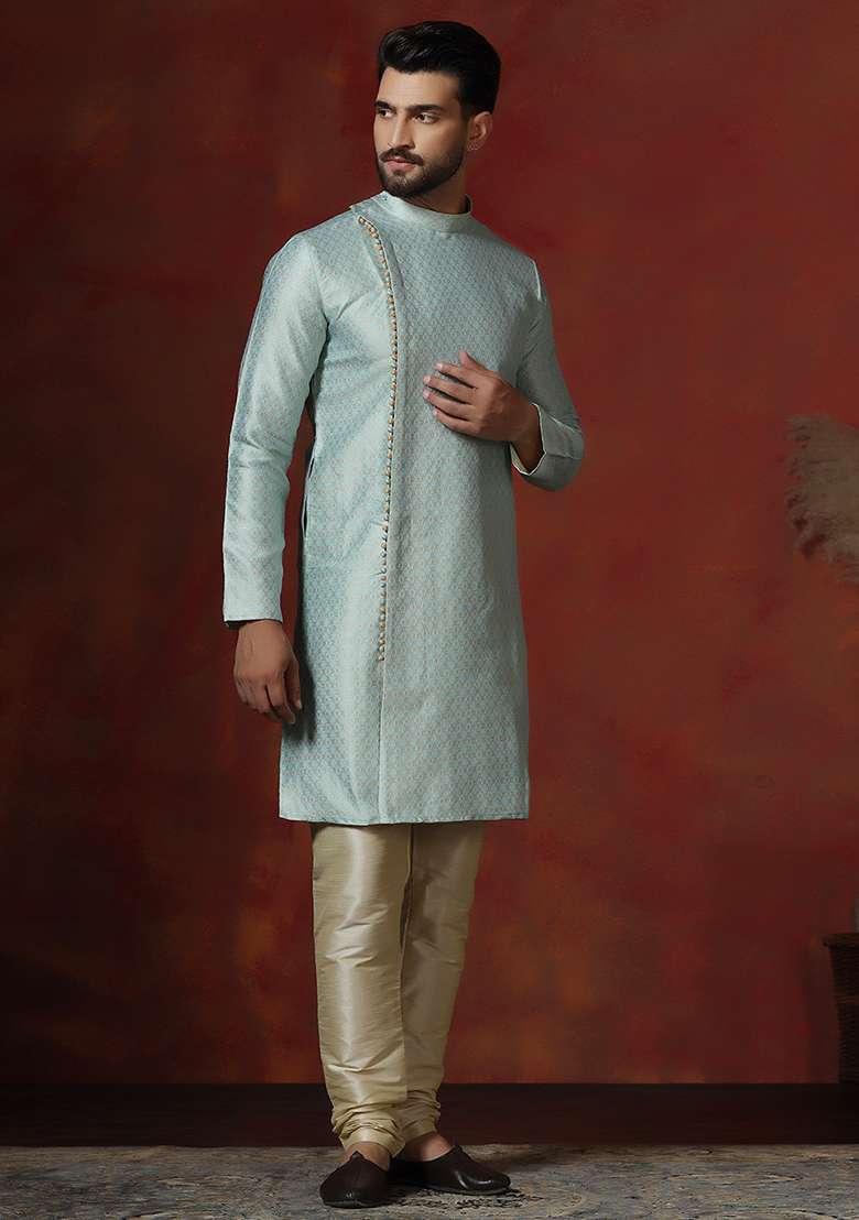 Sky Blue Printed Cotton Blend Kurta For Men - Indya