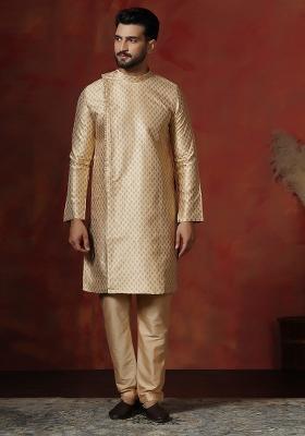 Yellow Printed Cotton Blend Kurta Pyjama Set For Men