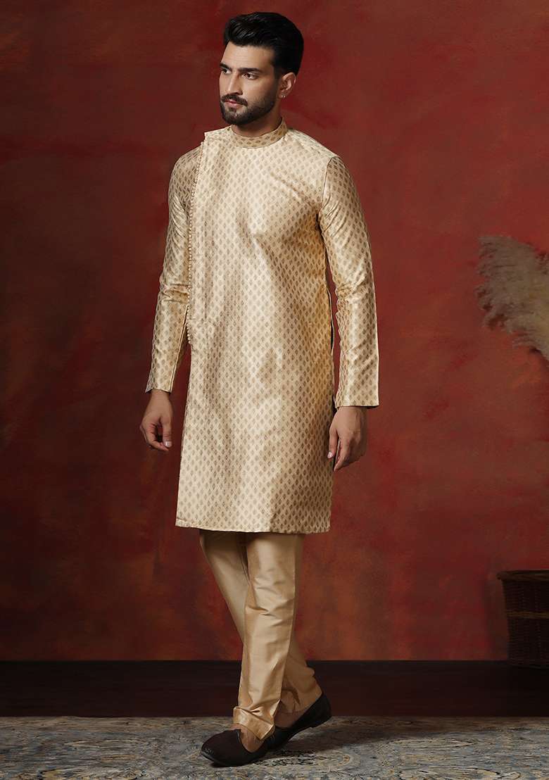 Yellow Printed Cotton Blend Kurta For Men - Indya