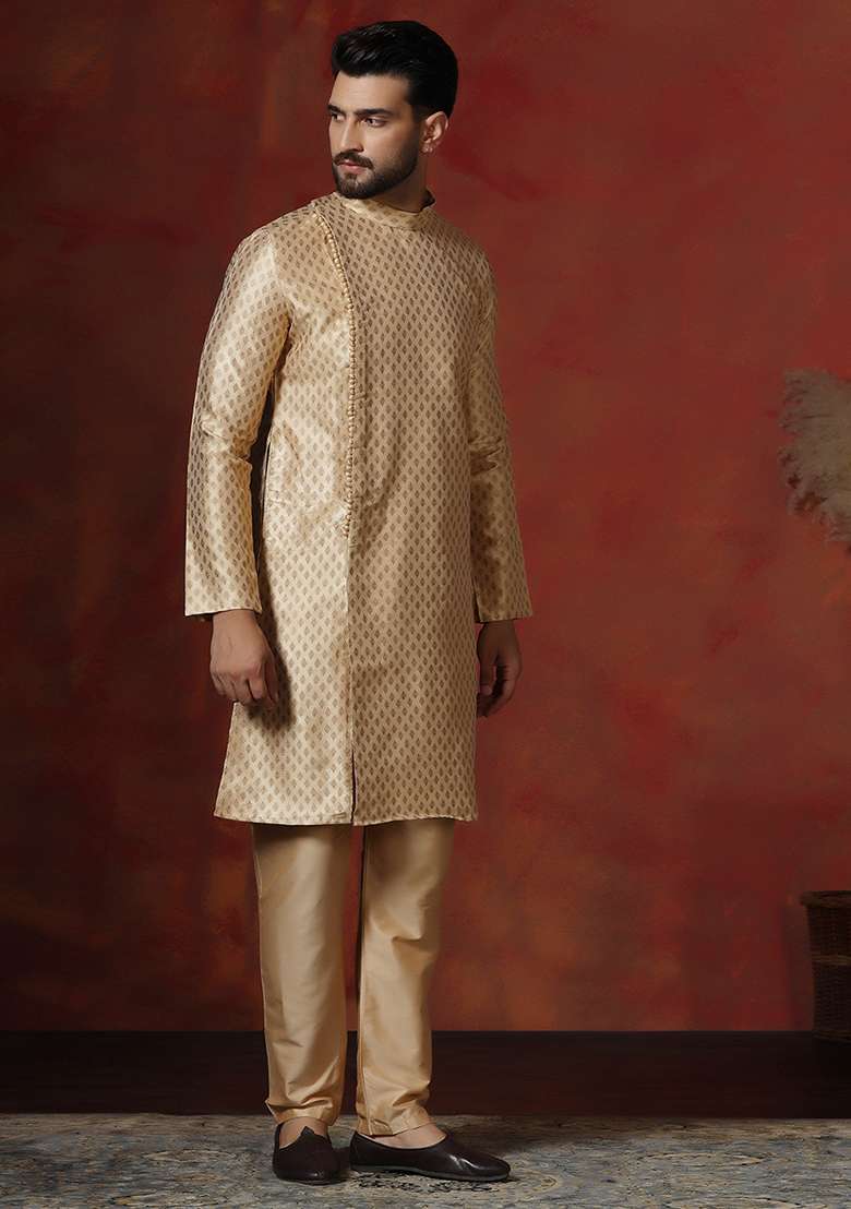 Yellow Printed Cotton Blend Kurta For Men - Indya
